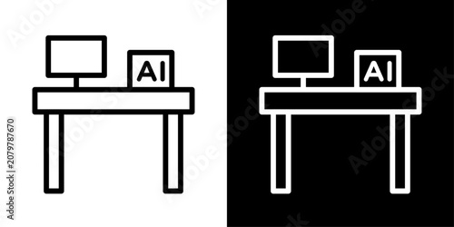 AI workspace icon featuring computer desk and AI representing smart office, remote work, and productivity.