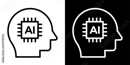 AI human head icon featuring brain chip representing artificial intelligence, smart thinking, and machine learning.