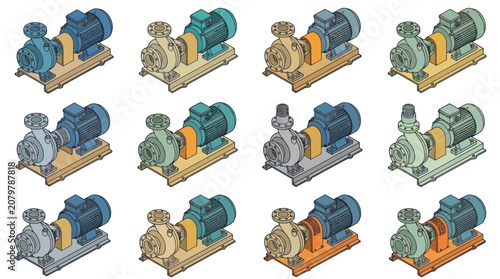 Schilderij op canvas A grid of twelve industrial centrifugal pumps, each with an electric motor, in various colors and perspectives