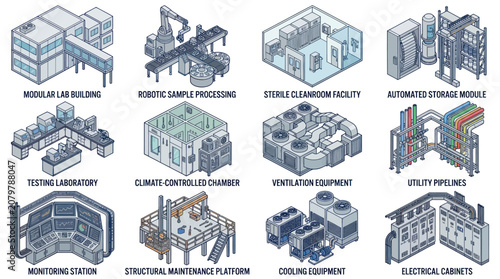 Obraz na płótnie Collection of Industrial and Scientific Facility Modules.