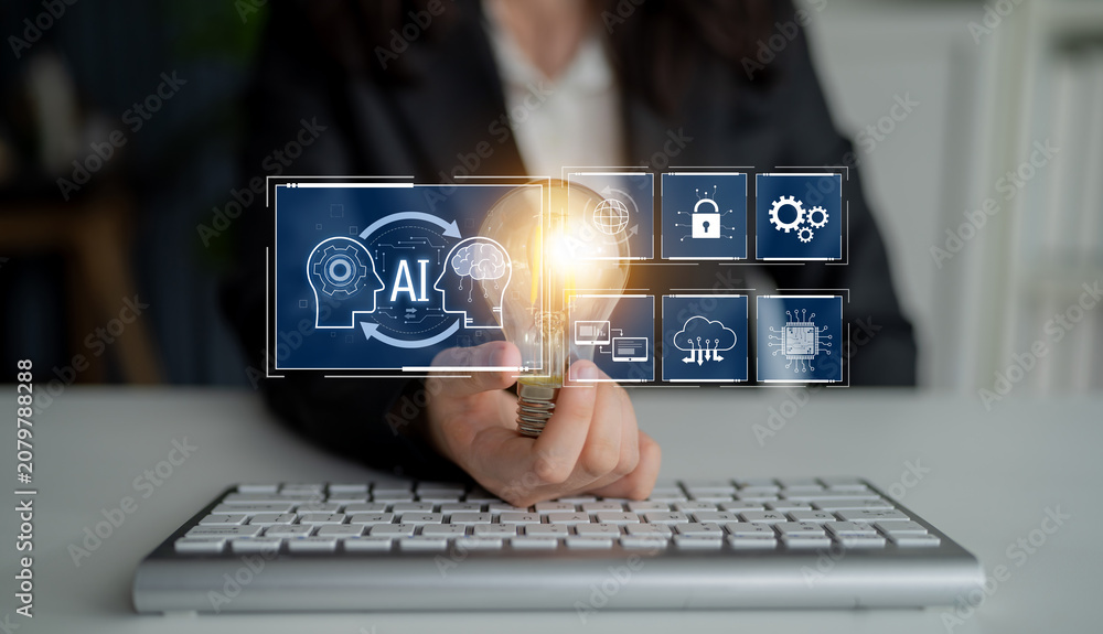Fototapeta premium AI system integration improves artificial intelligence platform. AI system integration enhances automation, secures data, supports cloud, and AI system integration connects systems. Latch