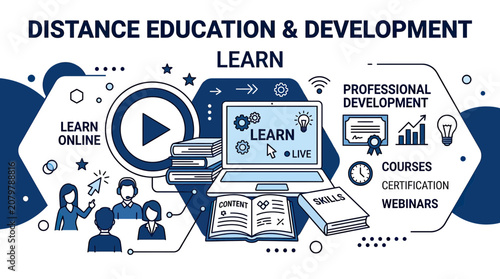 Tableau sur toile Distance Education Online Learning Concept - Laptop, Books, Webinar, Skills