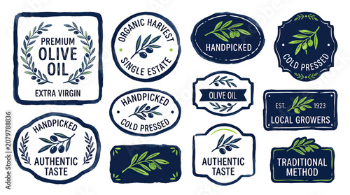 Foto Olive Oil Labels Collection: Handpicked, Organic, Extra Virgin, Authentic Taste