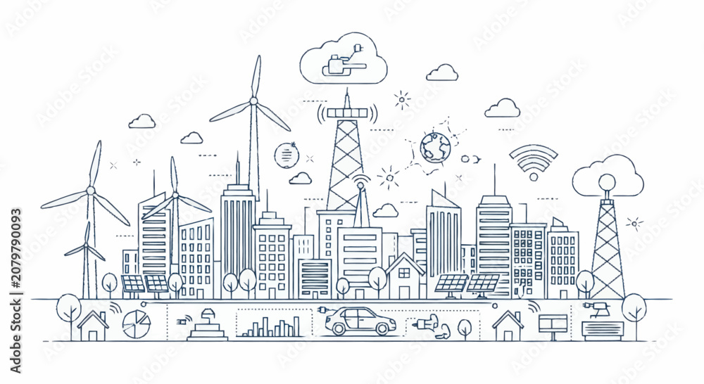 Obraz premium Smart City Technology and Renewable Energy Sources Illustration.