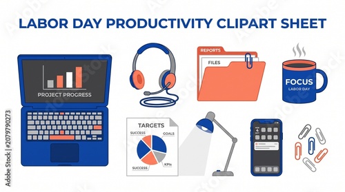 Labor Day Productivity Clipart Sheet with Office Supplies and Technology