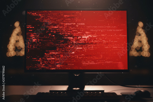 Computer monitor with red virus warning and blurred Christmas trees