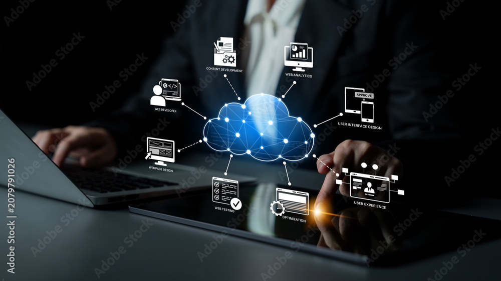 Fotografie Cloud computing, cloud strategy, and cloud technology transforming digital infrastructure with scalable services, secure data storage, and cloud-based digital business solutions