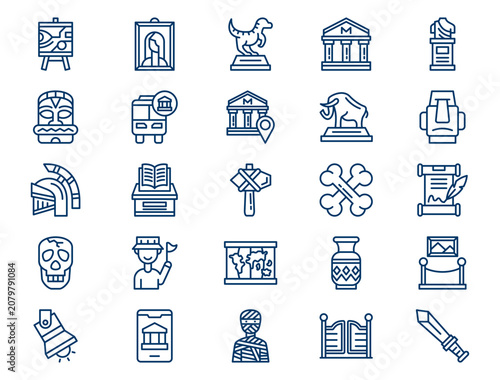 Historical museum exhibition outline collection presents detailed heritage culture elements. Antiquity concept