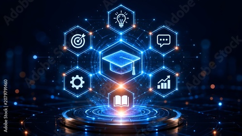 Futuristic education technology concept with 3d glowing graduation cap hologram on futuristic pedestal and digital hexagon learning icons