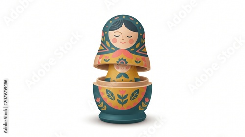 Traditional Russian Matryoshka Nesting Dolls Illustration with Colorful Folk Art Patterns Isolated on White Background