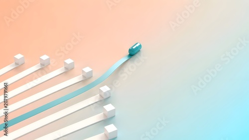 Pharmaceutical and medical innovation concept with blue capsule pill breaking away from the crowd and accelerating on a fast track