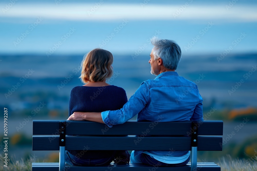 Obraz premium Caucasian mature couple enjoying peaceful sunset on a bench overlooking scenic landscape