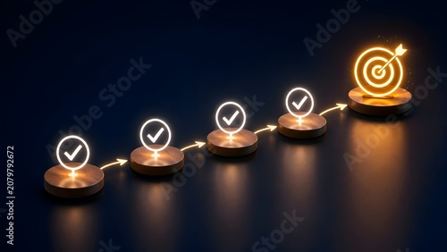 Wooden circular steps with glowing neon edges and checkmarks leading to a bright target bullseye, representing strategic progress, milestones, and achieving business goals.