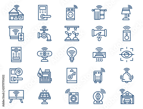Automated smart home technology outline collection features intelligent domestic electronics. Innovation concept