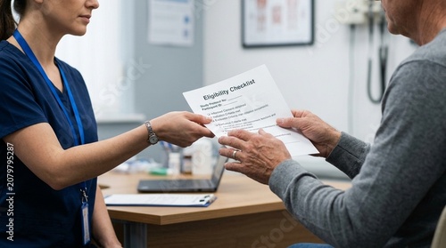 Close-up of a coordinator's hands presenting a printed eligibility checklist to a patient, the patient's hands visible receiving the – Clinical Trial & Healthcare Research Stock Photo