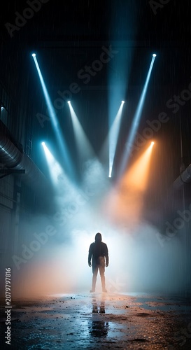 Solitary Figure Bathed in Dramatic Multi-Colored Stage Lights Amidst Atmospheric Smoke.