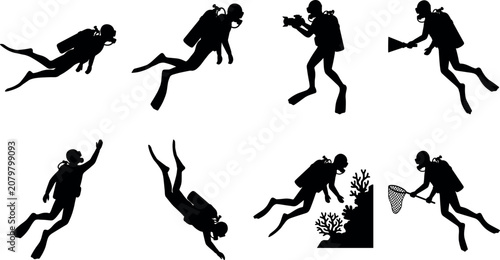 Foto Black Silhouette Vector Set of Scuba Divers Underwater Activities