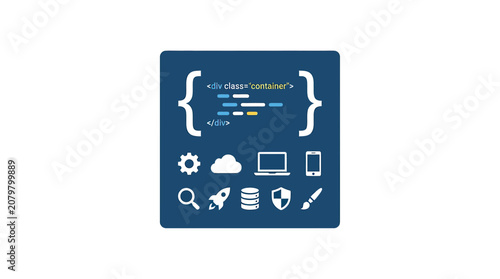 Bilde på lerret Web Development Icons and Code Snippet on Blue Background
