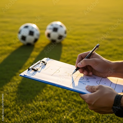 Soccer Coachs Hands Penning Tactical Game Plan on Clipboard at Golden Hour Field.