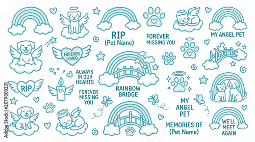 Tableau sur toile Collection of Pet Memorial Graphics Featuring Rainbows, Angelic Animals, and Paw Prints