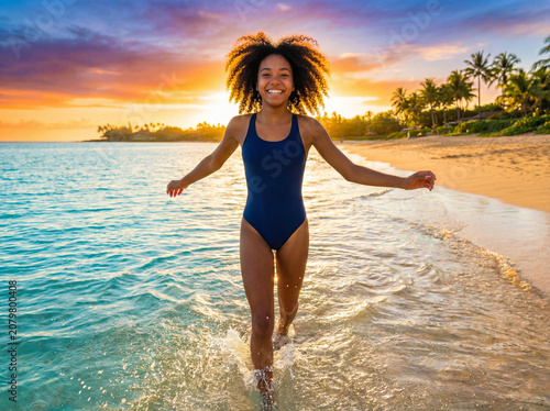 Happy young woman running in water on beach at sunset