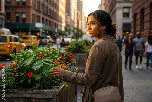 Young woman touching flowers on a busy city street