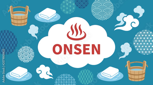 People relax at Onsen resort surrounded by towels and buckets in a serene environment.