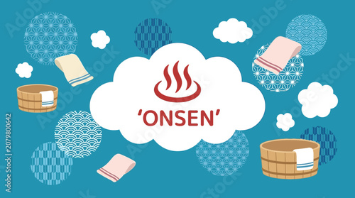 Konstfotografi A serene Onsen resort scene with steaming hot tubs and relaxing books outdoors under cloudy skies