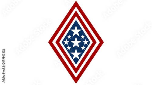 Patriotic diamond-shaped emblem with white stars on a blue field framed by red and white stripes conveying American symbolism, national pride, unity and bold geometric design.