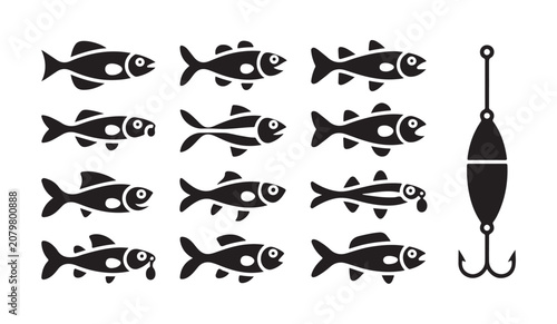 Cuadro en lienzo Black silhouette icons of various fish species and fishing lure isolated on white ground