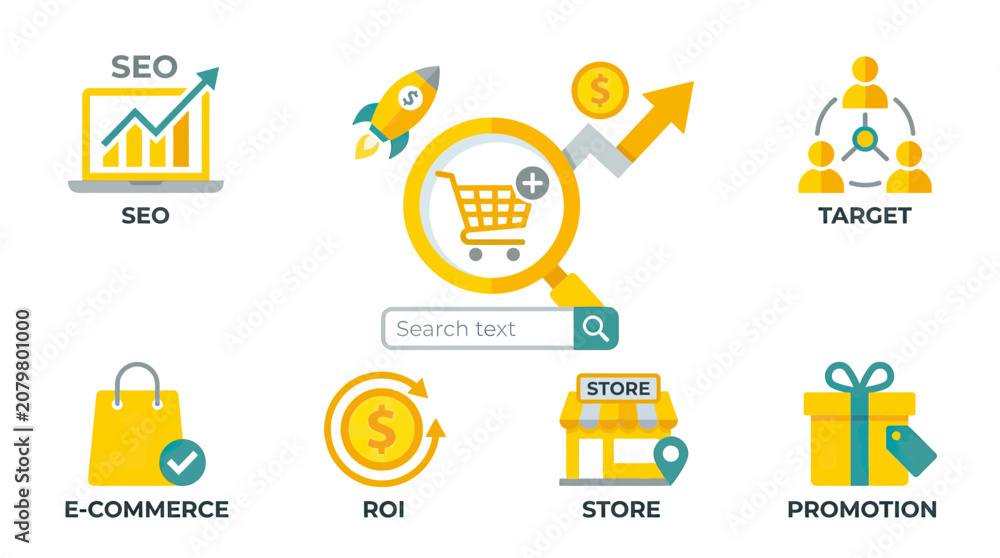 Fototapeta premium Online Shopping Icons: SEO, E-commerce, Target, ROI, Store, Promotion
