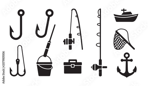 Foto Set of isolated black vector icons representing various professional fishing equipment tools