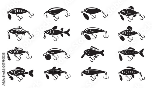 Принти на полотні Collection of detailed black lure icons for fishing including various spoon hook designs
