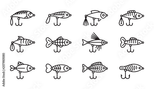 Fotografie Graphic set of twelve fishing lures with treble hooks for catching freshwater sport fish