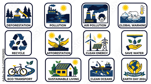 Earth Day Environmental Icons: Sustainability, Pollution, Climate Change & Eco-Friendly Living