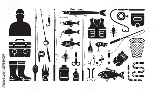 Foto Comprehensive collection of fishing items including rods reels lures and angler supplies