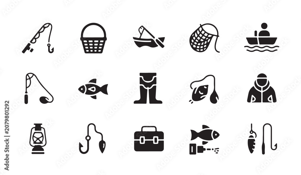 Fototapeta premium Collection of fishing icons featuring rod man in boat waders lantern and fish supplies.