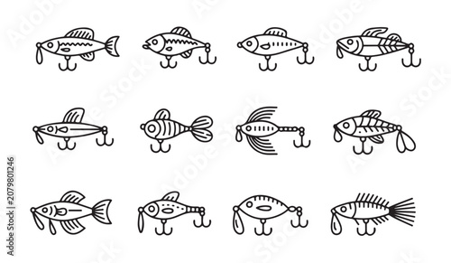 Картината върху платно Set of fishing lures and bait icons showing various types of hooks for catching predator fish