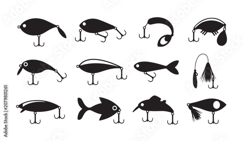 Quadro su tela Black silhouette icons of fishing lures and hooks for various types of predatory fish bait
