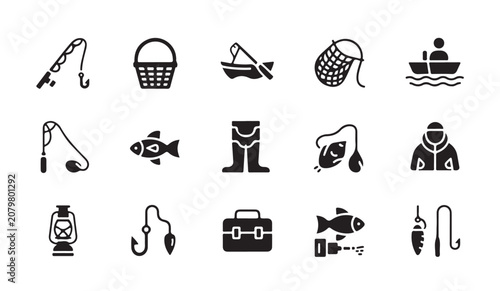 Tableau sur toile Collection of fishing icons featuring rod man in boat waders lantern and fish supplies