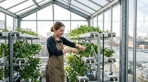 Woman tending plants in a modern indoor hydroponic greenhouse setting with lush greenery and city view