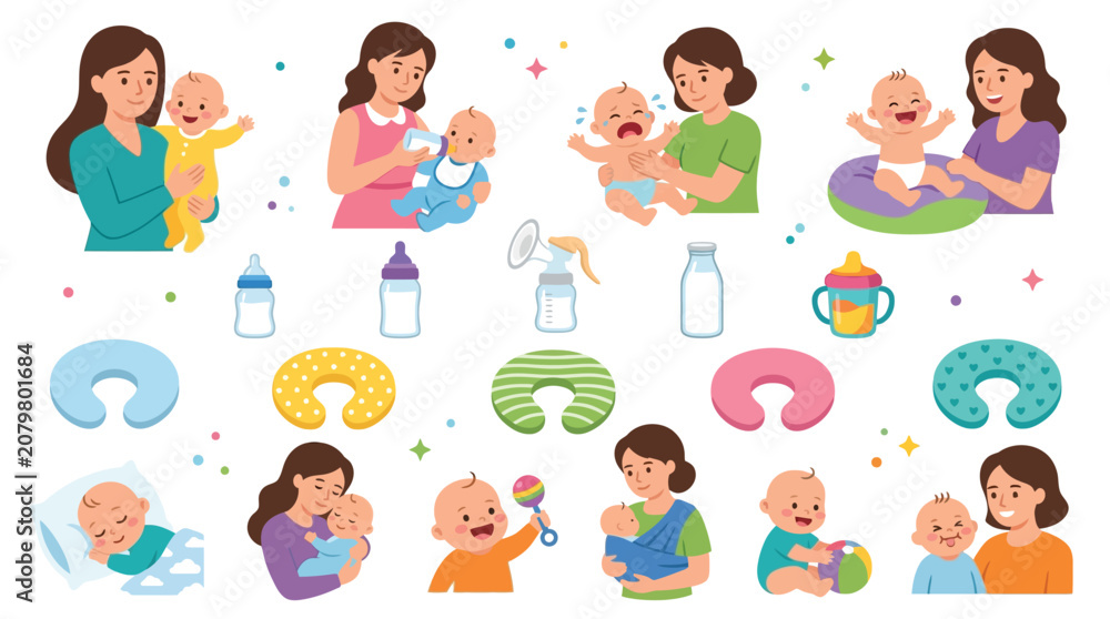 Fototapeta premium Collection of illustrations depicting mothers and babies, showcasing various aspects of childcare and bonding moments.