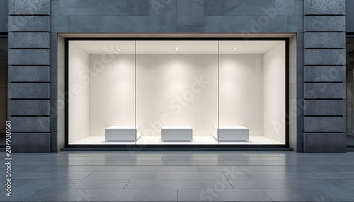 An empty storefront with large window display and three mockup podiums, modern design, on a city sidewalk background. 3D Rendering