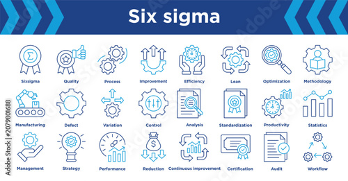 six sigma icon collection set. Containing Quality, Process, Improvement, Efficiency, Lean, Optimization, Methodology and Manufacturing. editable vector illustration.