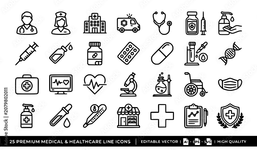 Naklejka premium Medical Healthcare Line Icons Set – Hospital, Doctor, Nurse, Medicine, Pharmacy, Laboratory, First Aid, Editable Vector Collection