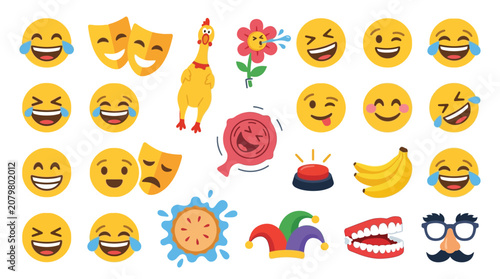 Tableau sur toile Collection of funny emojis, masks, and toys representing humor and joy