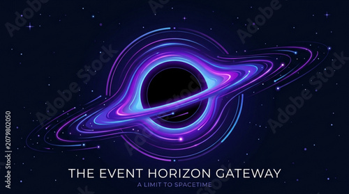 Abstract glowing black hole event horizon illustration with neon swirling rings and cosmic stardust particles in a deep space galaxy background for science