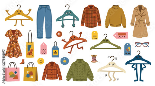Bilde på lerret A whimsical collection of anthropomorphic hangers and clothing items, including jeans, dresses, sweaters, and shopping bags, presented in a playful, cartoonish style