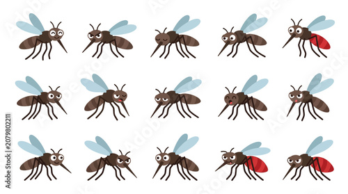 Bild auf Leinwand A collection of cartoon mosquitoes with wings and long legs, some with red abdomens, isolated on a white background