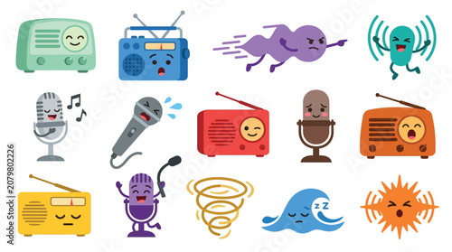 Fotografie Collection of cartoon characters representing sound, music, and weather phenomena with expressive faces